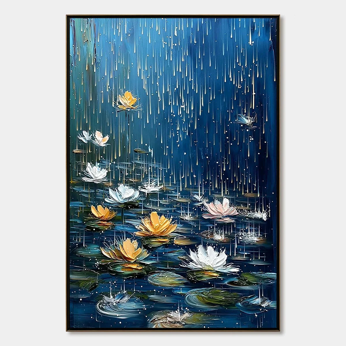 CELESTIAL RAIN: Textured Impasto Painting of Water Lilies in Rain | hanging in Textured impasto oil painting of water lilies in celestial rain; rich palette-knife work in soft blue, lavender, and w...