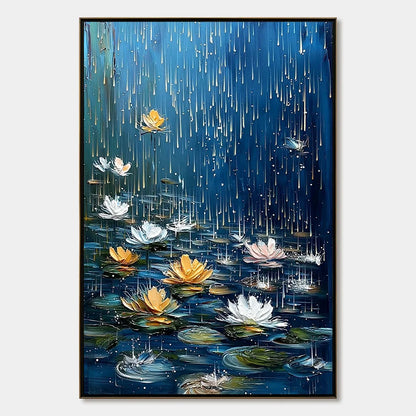 CELESTIAL RAIN: Textured Impasto Painting of Water Lilies in Rain | hanging in Textured impasto oil painting of water lilies in celestial rain; rich palette-knife work in soft blue, lavender, and w...