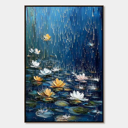 CELESTIAL RAIN: Textured Impasto Painting of Water Lilies in Rain | hanging in Textured impasto oil painting of water lilies in celestial rain; rich palette-knife work in soft blue, lavender, and w...