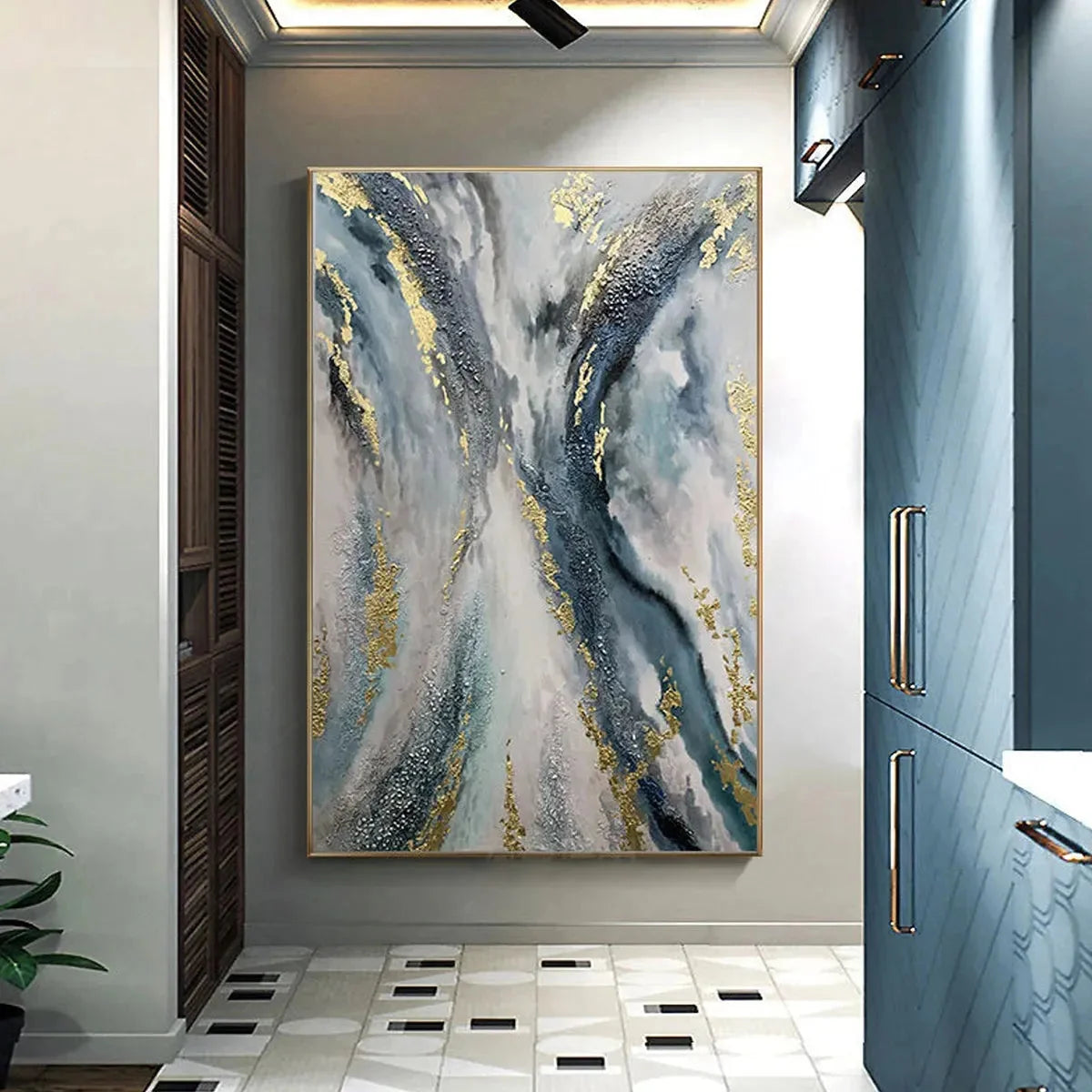 CELESTIAL RIVER: Vertical Abstract Oil Painting with Gold Leaf Accents | Abstract closeup, raised brushwork detail