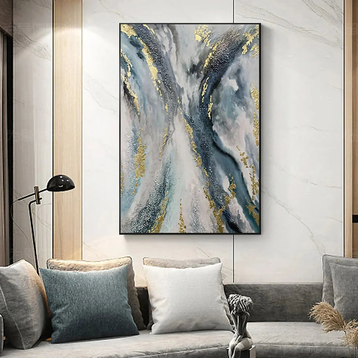 CELESTIAL RIVER: Vertical Abstract Oil Painting with Gold Leaf Accents | gold frame stretched on neutral wall