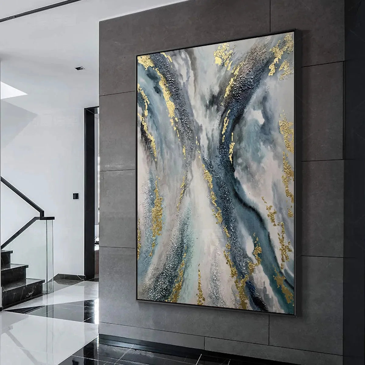 CELESTIAL RIVER: Vertical Abstract Oil Painting with Gold Leaf Accents | rolled canvas, ready for custom framing