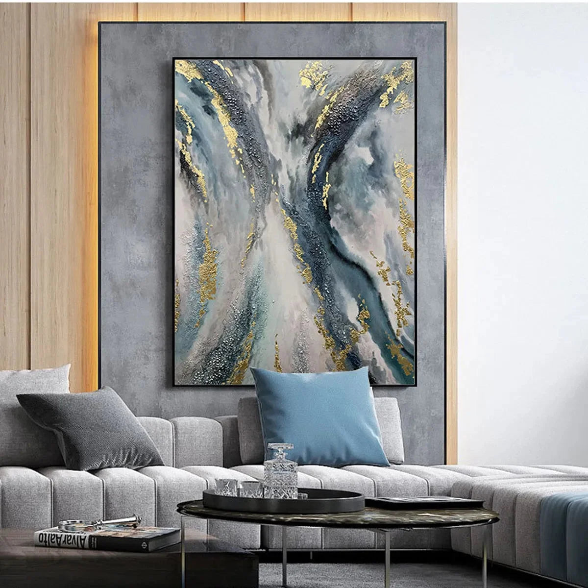 CELESTIAL RIVER: Vertical Abstract Oil Painting with Gold Leaf Accents | Abstract mood, soft natural light studio shot