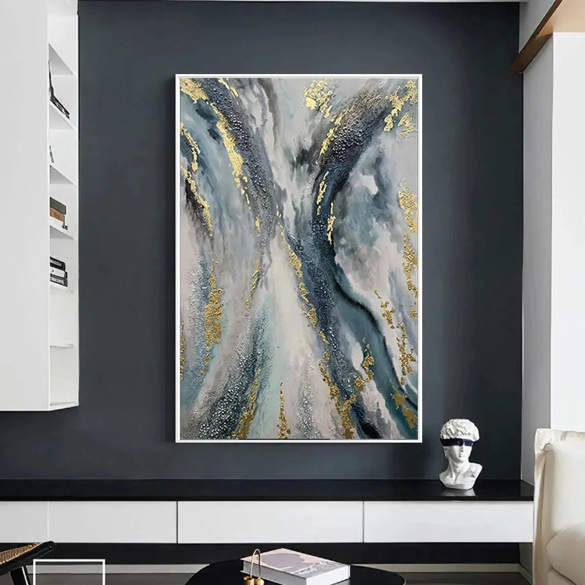 CELESTIAL RIVER: Vertical Abstract Oil Painting with Gold Leaf Accents | yellow palette, original Hand-painted on premium stretched canvas using artist-grade oils; rich layered surface combines smo...