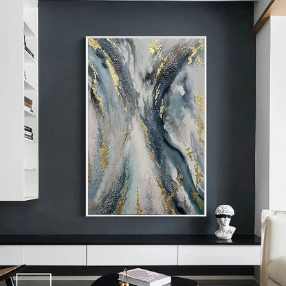 CELESTIAL RIVER: Vertical Abstract Oil Painting with Gold Leaf Accents | yellow palette, original Hand-painted on premium stretched canvas using artist-grade oils; rich layered surface combines smo...