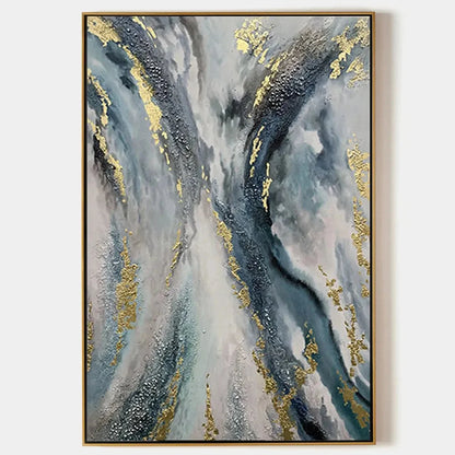 CELESTIAL RIVER: Vertical Abstract Oil Painting with Gold Leaf Accents | hanging in CELESTIAL RIVER: Vertical Abstract Oil Painting with Gold Leaf Accents featuring layered textured brushwork in re...