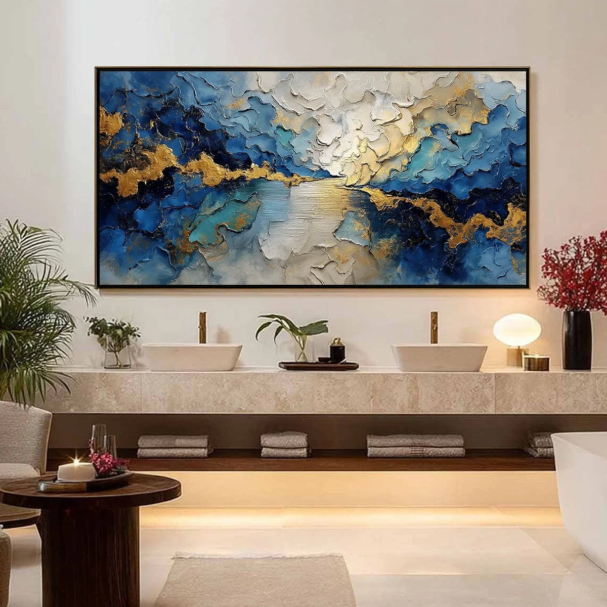 CELESTIAL SHORE: Heavily Textured Abstract Seascape Painting | gold frame stretched on neutral wall