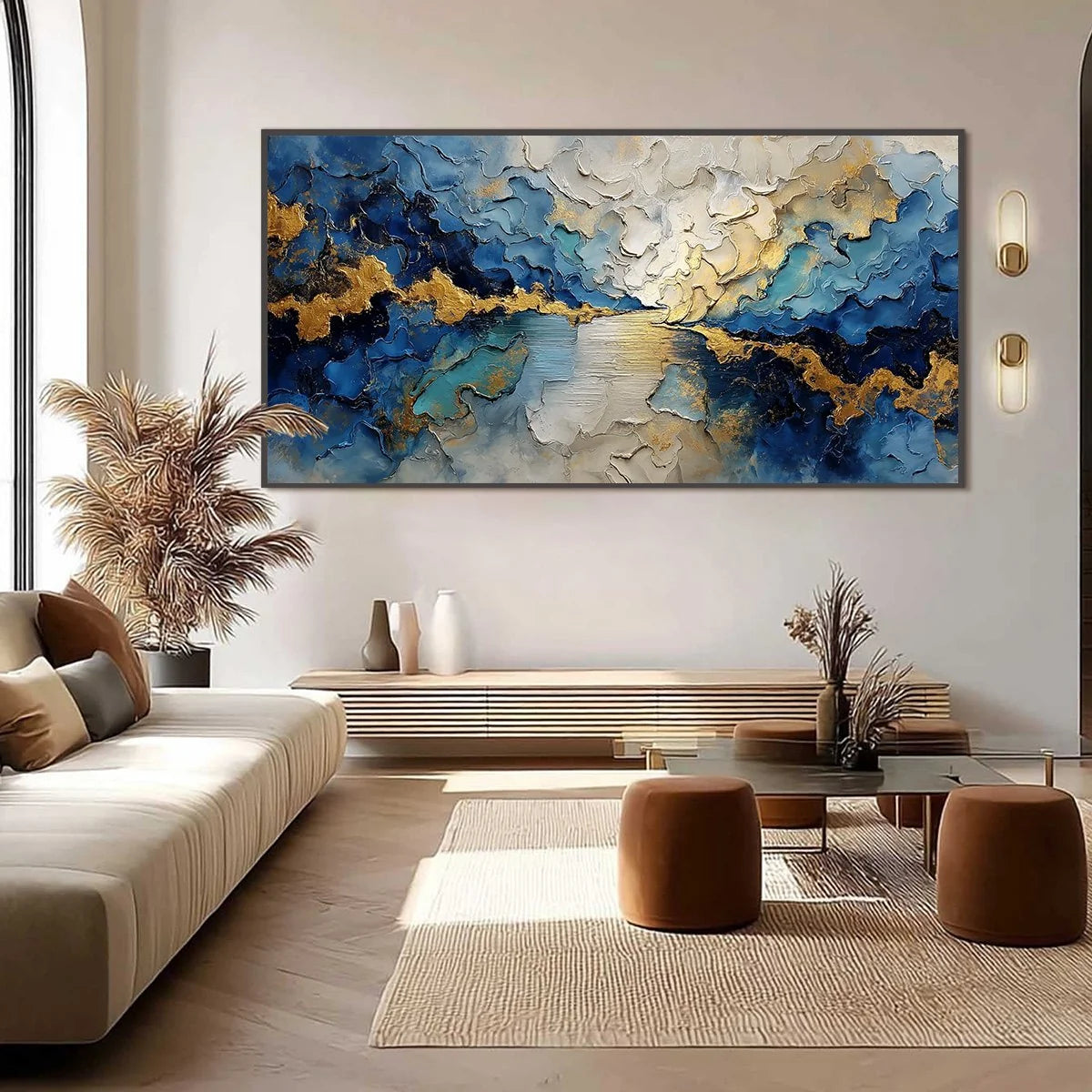 CELESTIAL SHORE: Heavily Textured Abstract Seascape Painting | black frame version on white wall