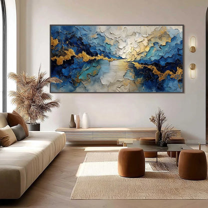CELESTIAL SHORE: Heavily Textured Abstract Seascape Painting | black frame version on white wall