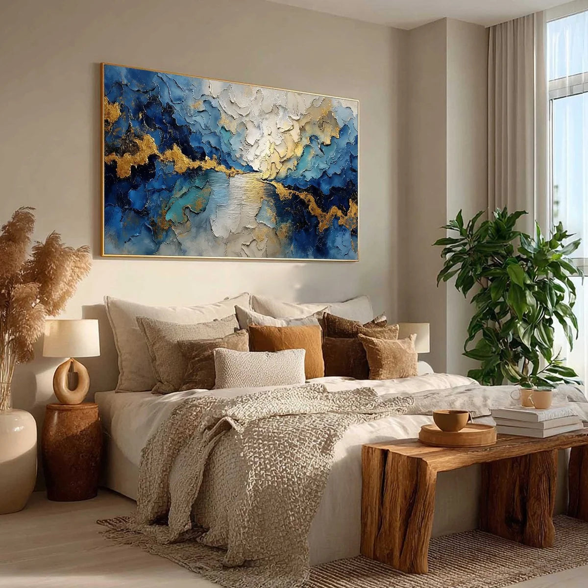 CELESTIAL SHORE: Heavily Textured Abstract Seascape Painting | beige palette, original Hand-painted on premium stretched canvas using artist-grade oils; rich layered surface combines smooth gradien...