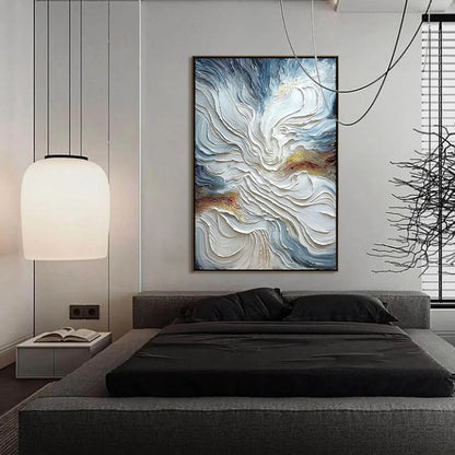 CELESTIAL TIDE: Heavily Textured Abstract Ocean Wave Oil Painting | gold frame stretched on neutral wall