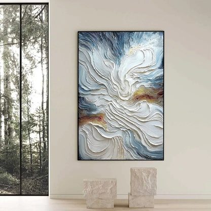 CELESTIAL TIDE: Heavily Textured Abstract Ocean Wave Oil Painting | black frame version on white wall