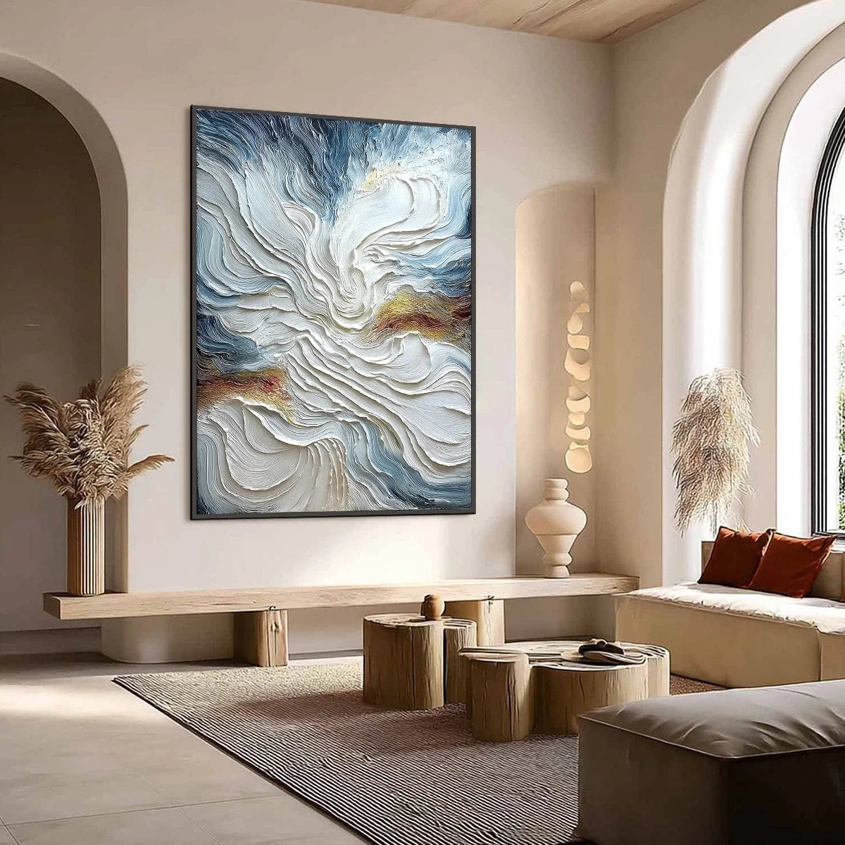 CELESTIAL TIDE: Heavily Textured Abstract Ocean Wave Oil Painting | Abstract mood, soft natural light studio shot