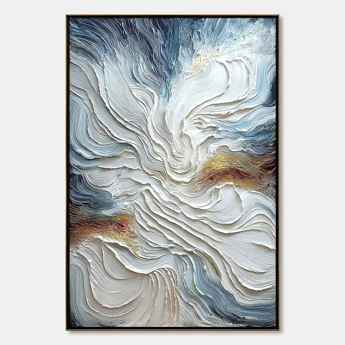 CELESTIAL TIDE: Heavily Textured Abstract Ocean Wave Oil Painting | hanging in CELESTIAL TIDE: Heavily Textured Abstract Ocean Wave Oil Painting featuring layered textured brushwork in refined tone...