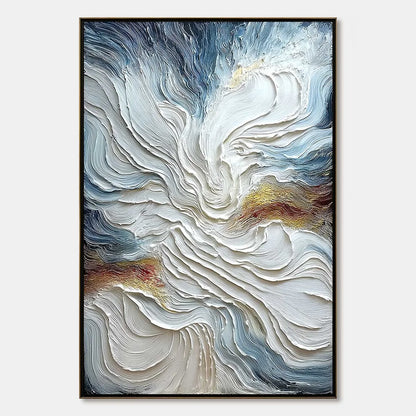 CELESTIAL TIDE: Heavily Textured Abstract Ocean Wave Oil Painting | hanging in CELESTIAL TIDE: Heavily Textured Abstract Ocean Wave Oil Painting featuring layered textured brushwork in refined tone...