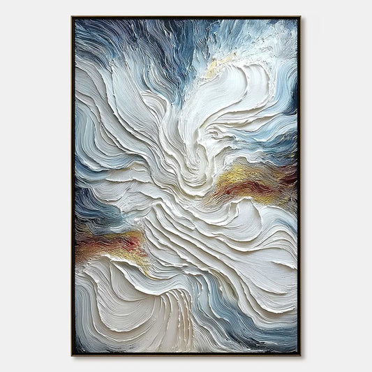 CELESTIAL TIDE: Heavily Textured Abstract Ocean Wave Oil Painting | hanging in CELESTIAL TIDE: Heavily Textured Abstract Ocean Wave Oil Painting featuring layered textured brushwork in refined tone...