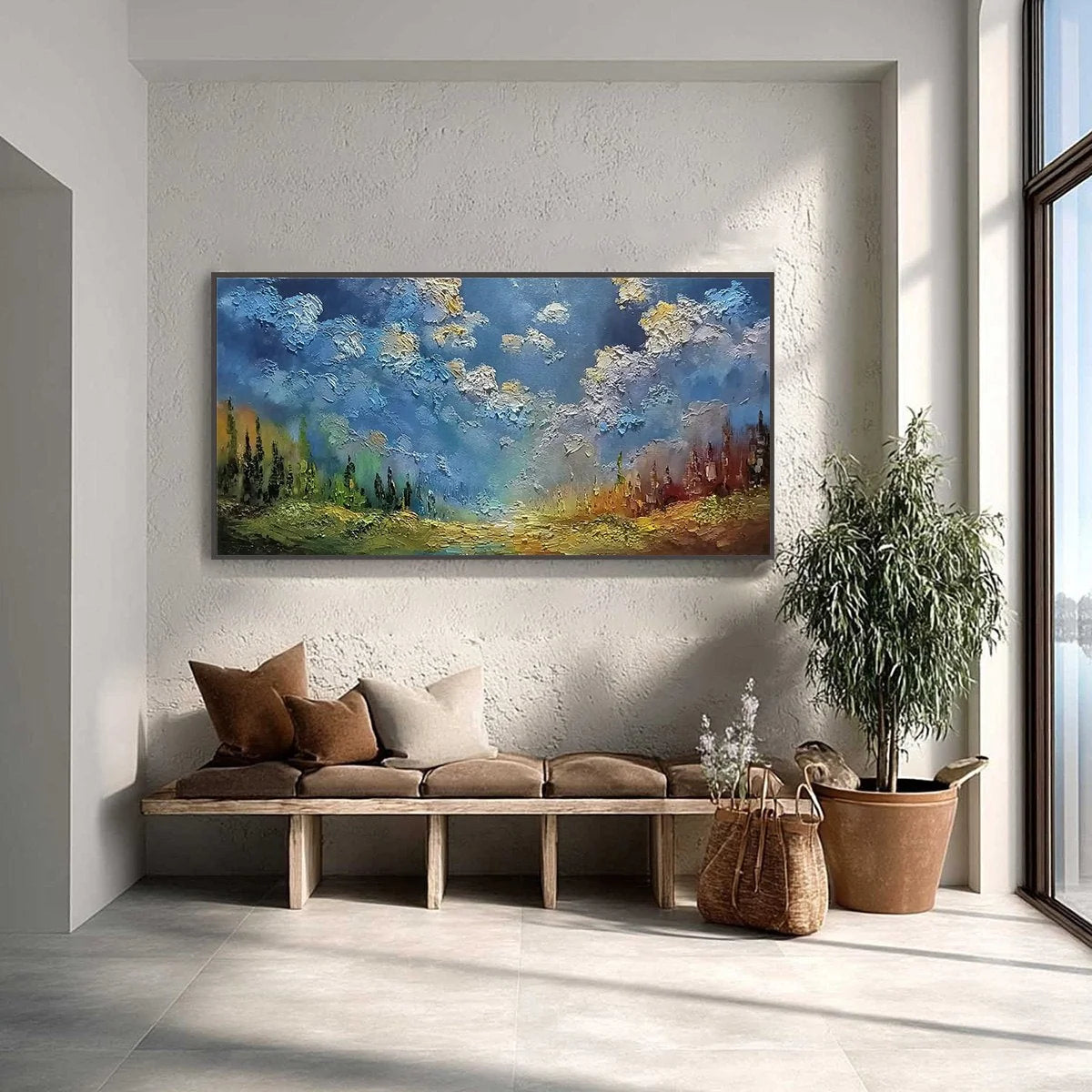 CELESTIAL DIVIDE: Textured Horizontal Impasto Landscape Oil Painting | gold frame stretched on neutral wall