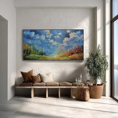 CELESTIAL DIVIDE: Textured Horizontal Impasto Landscape Oil Painting | gold frame stretched on neutral wall