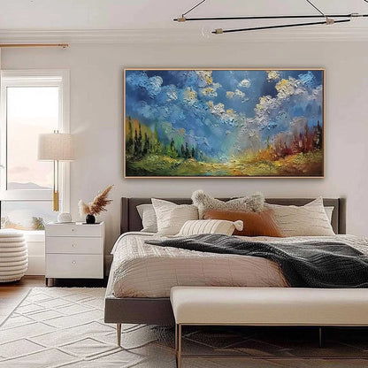 CELESTIAL DIVIDE: Textured Horizontal Impasto Landscape Oil Painting | black frame version on white wall