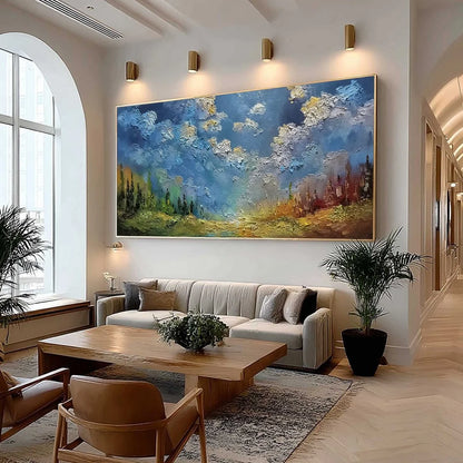 CELESTIAL DIVIDE: Textured Horizontal Impasto Landscape Oil Painting | Abstract mood, soft natural light studio shot