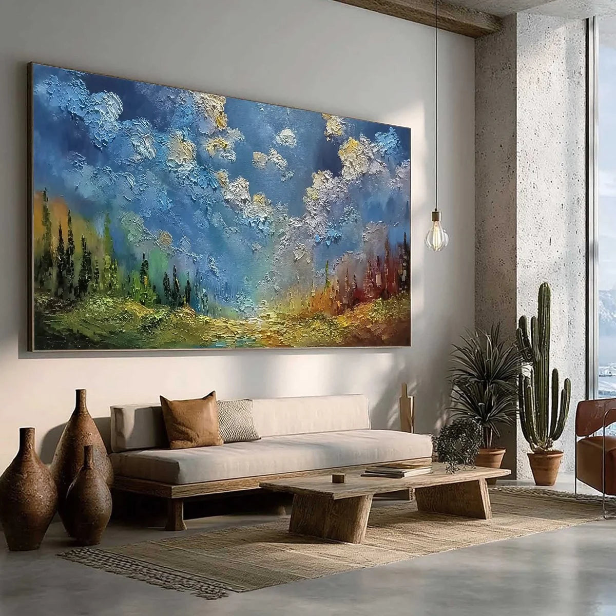 CELESTIAL DIVIDE: Textured Horizontal Impasto Landscape Oil Painting | beige palette, original Hand-painted on wide stretched canvas with artist-grade oils; rich layered surface creates a luminous,...