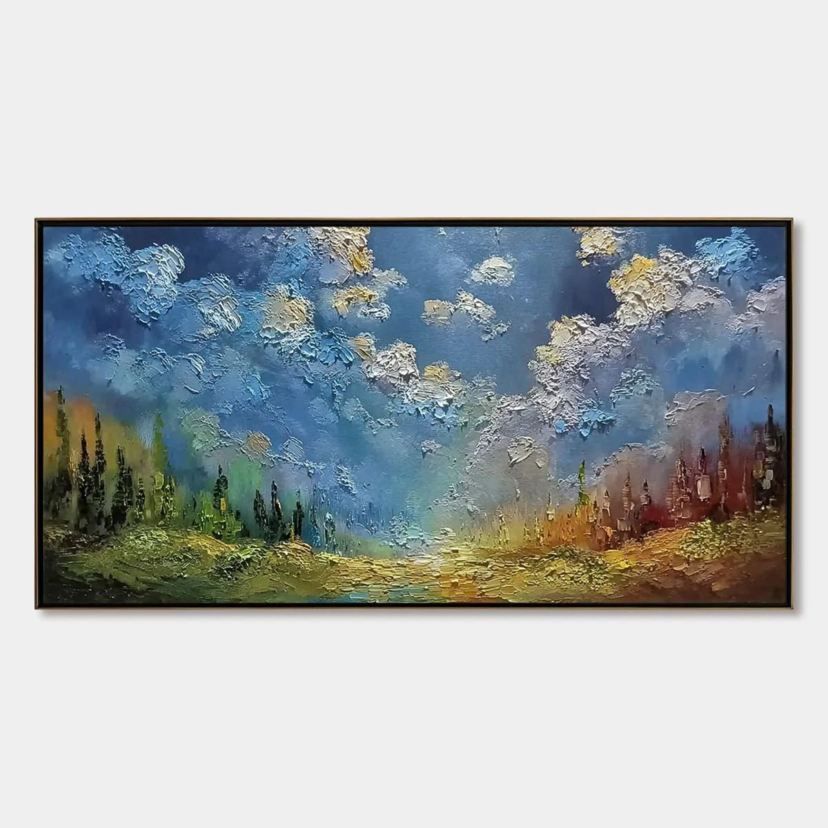 CELESTIAL DIVIDE: Textured Horizontal Impasto Landscape Oil Painting | hanging in Textured horizontal impasto landscape oil painting with celestial divide theme; rich palette-knife work in soft blu...