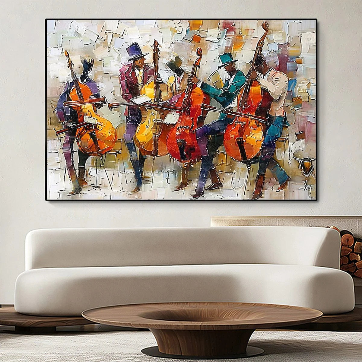 CELLOS IN HARMONY: Textured Musicians Oil Painting | Abstract closeup, raised brushwork detail