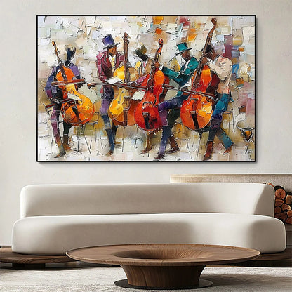 CELLOS IN HARMONY: Textured Musicians Oil Painting | Abstract closeup, raised brushwork detail