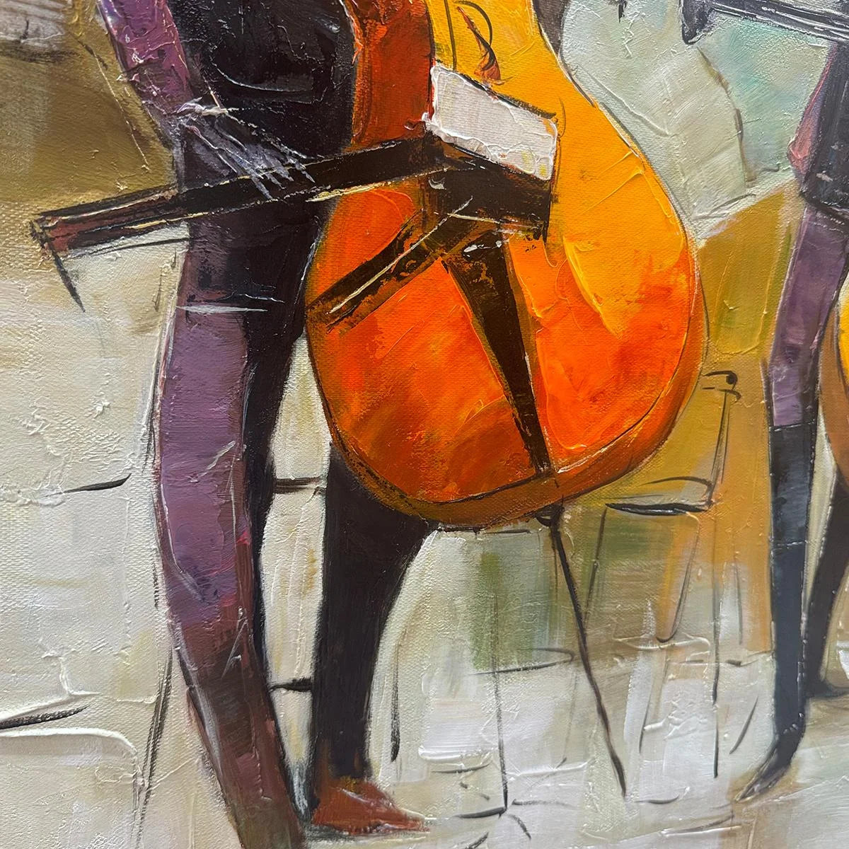 CELLOS IN HARMONY: Textured Musicians Oil Painting | rectangular format, hand-painted canvas edge