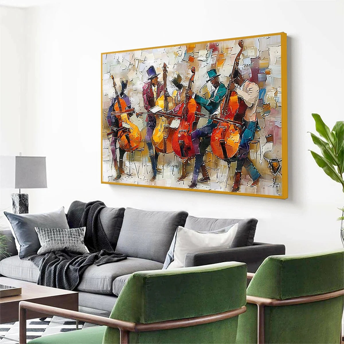 CELLOS IN HARMONY: Textured Musicians Oil Painting | gold frame stretched on neutral wall