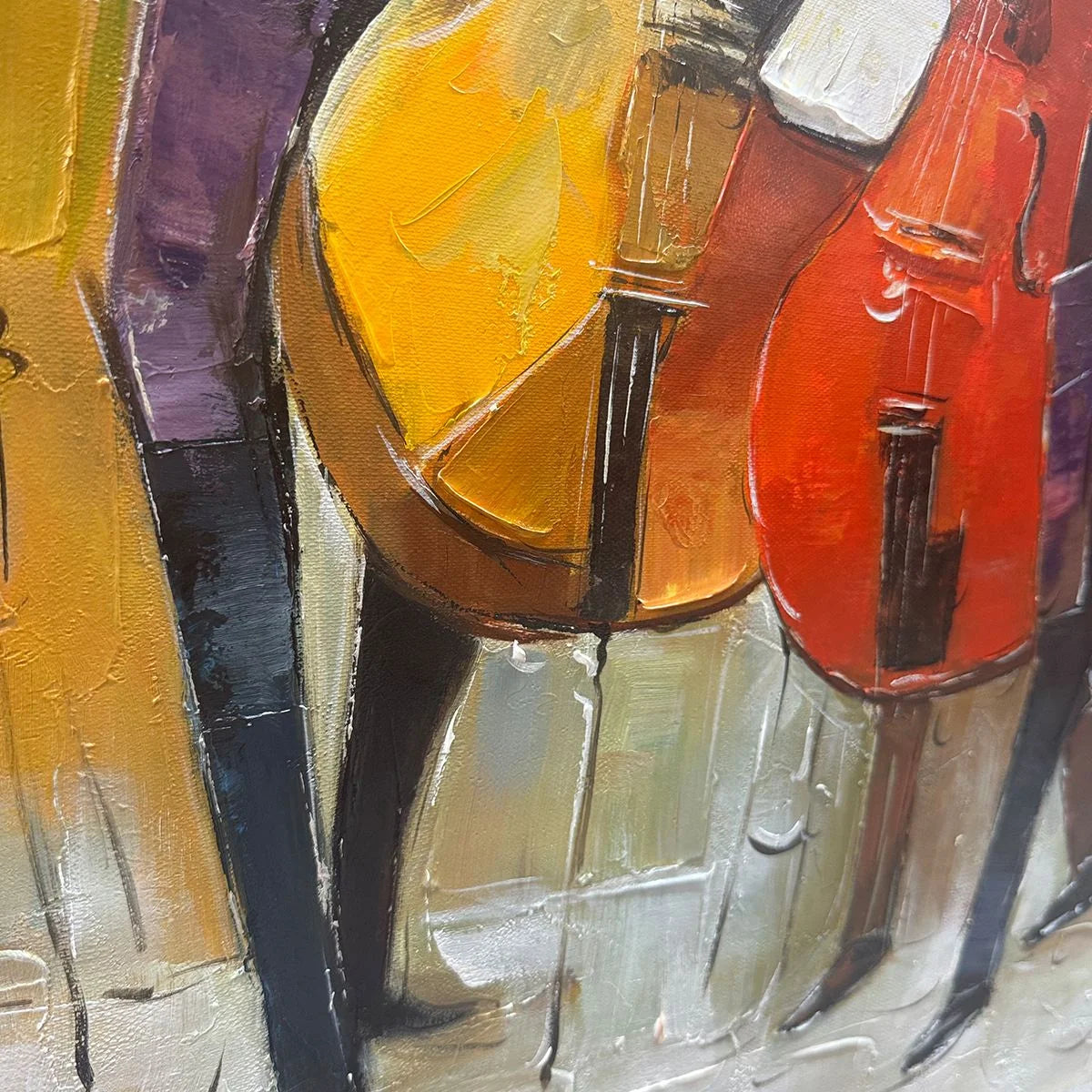 CELLOS IN HARMONY: Textured Musicians Oil Painting | black frame version on white wall