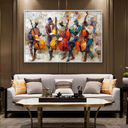 CELLOS IN HARMONY: Textured Musicians Oil Painting | Abstract mood, soft natural light studio shot