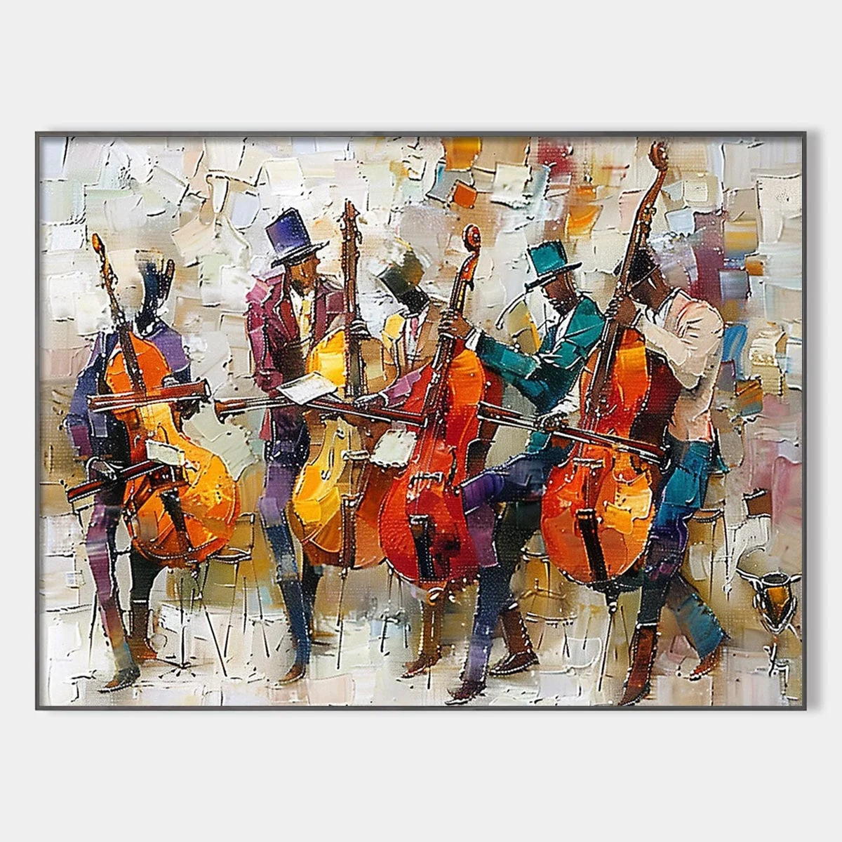 CELLOS IN HARMONY: Textured Musicians Oil Painting | hanging in CELLOS IN HARMONY: Textured Musicians Oil Painting featuring layered textured brushwork in refined tones; abstract composition with r...