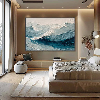CELTIC SURGE: Textured Impasto Ocean Wave Wall Art | gold frame stretched on neutral wall