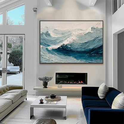 CELTIC SURGE: Textured Impasto Ocean Wave Wall Art | black frame version on white wall