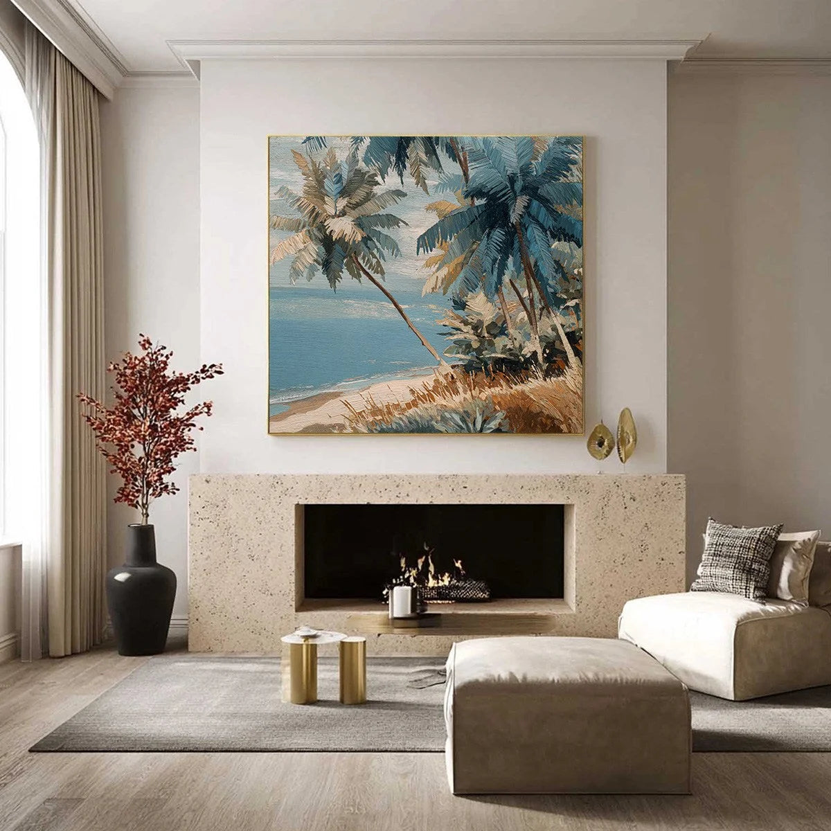 CERULEAN SHORE: Textured Impasto Palm Tree Beach | textured impasto closeup, raised brushwork detail