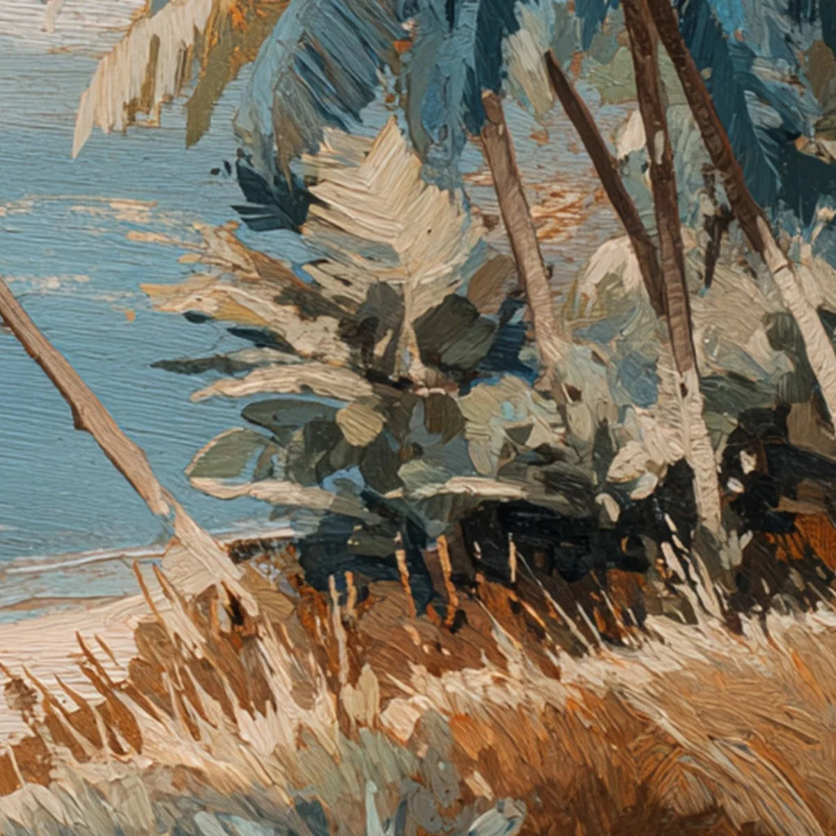 CERULEAN SHORE: Textured Impasto Palm Tree Beach | rectangular format, hand-painted canvas edge