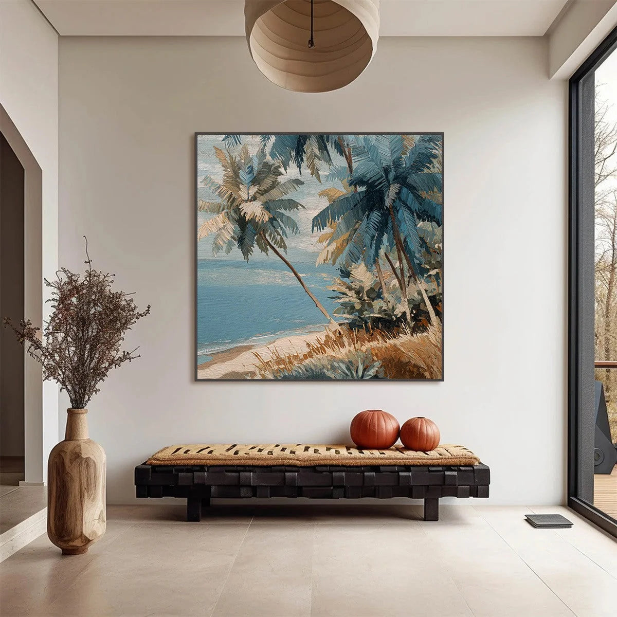 CERULEAN SHORE: Textured Impasto Palm Tree Beach | gold frame stretched on neutral wall