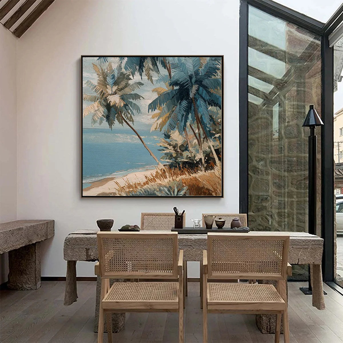 CERULEAN SHORE: Textured Impasto Palm Tree Beach | black frame version on white wall