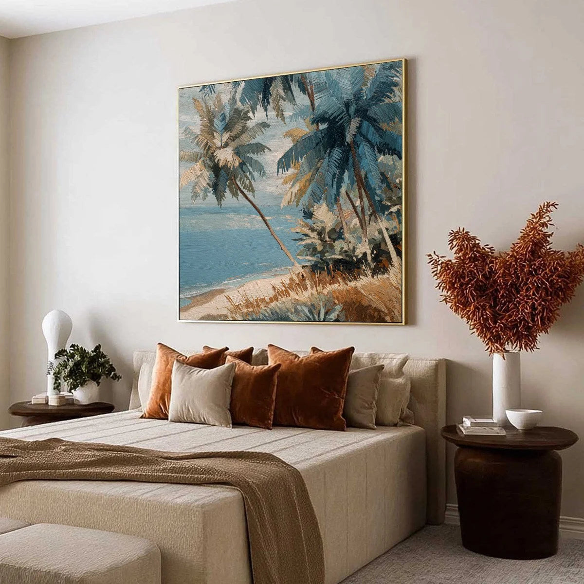CERULEAN SHORE: Textured Impasto Palm Tree Beach | textured impasto mood, soft natural light studio shot