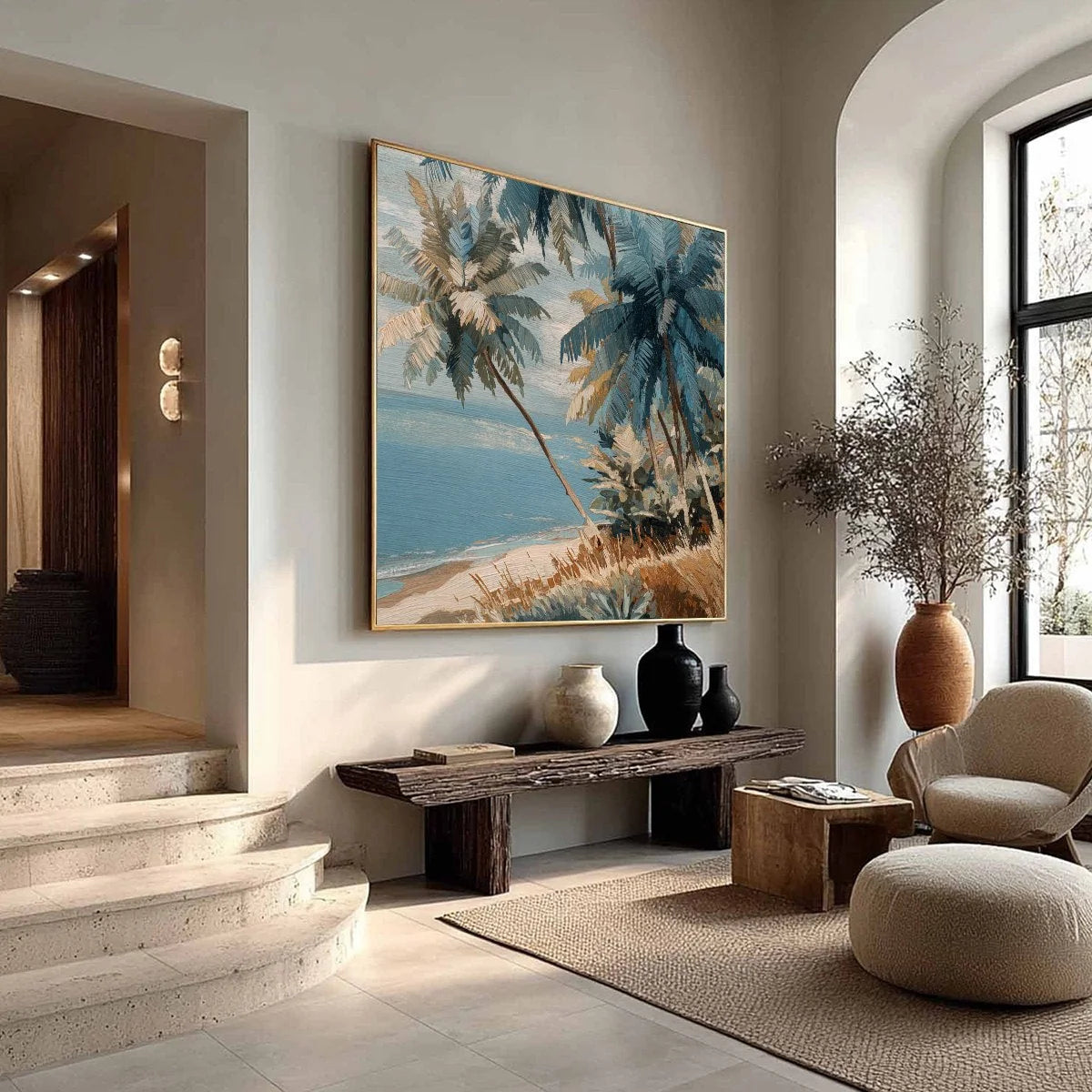 CERULEAN SHORE: Textured Impasto Palm Tree Beach | blue palette, original bedroom art