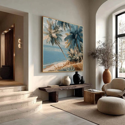 CERULEAN SHORE: Textured Impasto Palm Tree Beach | blue palette, original bedroom art