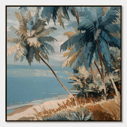 CERULEAN SHORE: Textured Impasto Palm Tree Beach | hanging in living room, textured impasto wall art