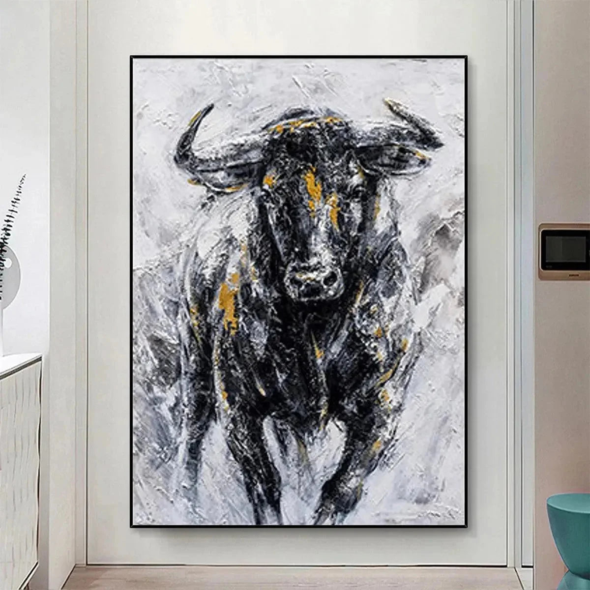 CHARGING BULL: Textured Bull Painting, Vertical Wall Art | textured closeup, raised brushwork detail