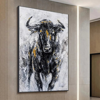 CHARGING BULL: Textured Bull Painting, Vertical Wall Art | gold frame stretched on neutral wall