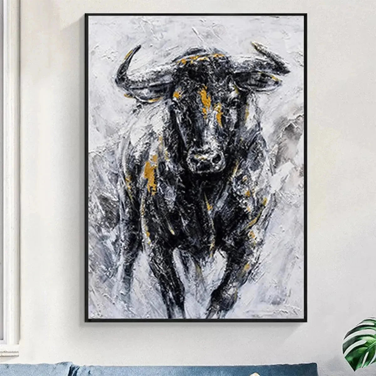 CHARGING BULL: Textured Bull Painting, Vertical Wall Art | rolled canvas, ready for custom framing