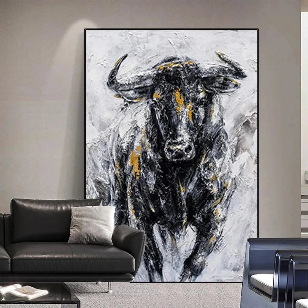 CHARGING BULL: Textured Bull Painting, Vertical Wall Art | black frame version on white wall