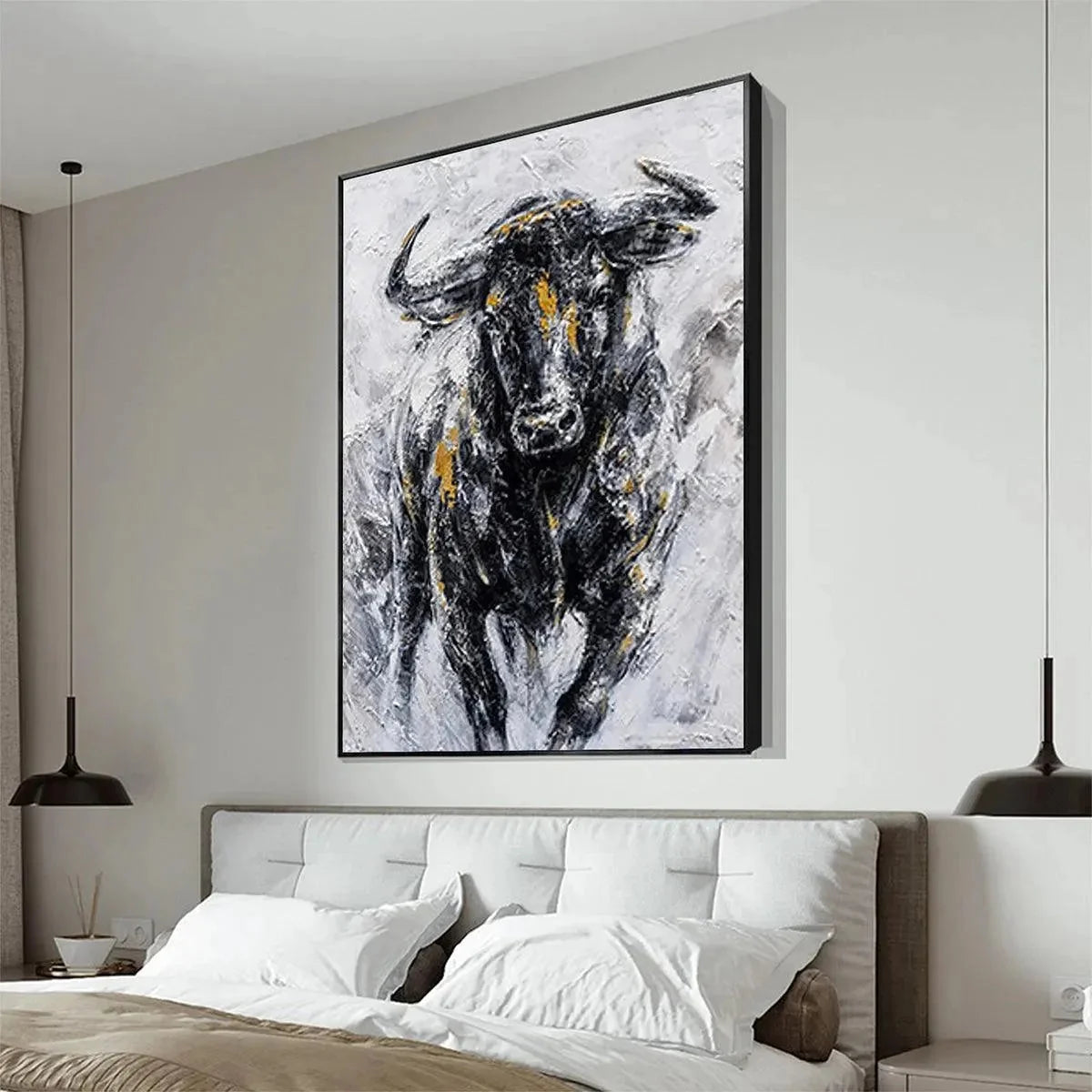 CHARGING BULL: Textured Bull Painting, Vertical Wall Art | beige palette, original office art