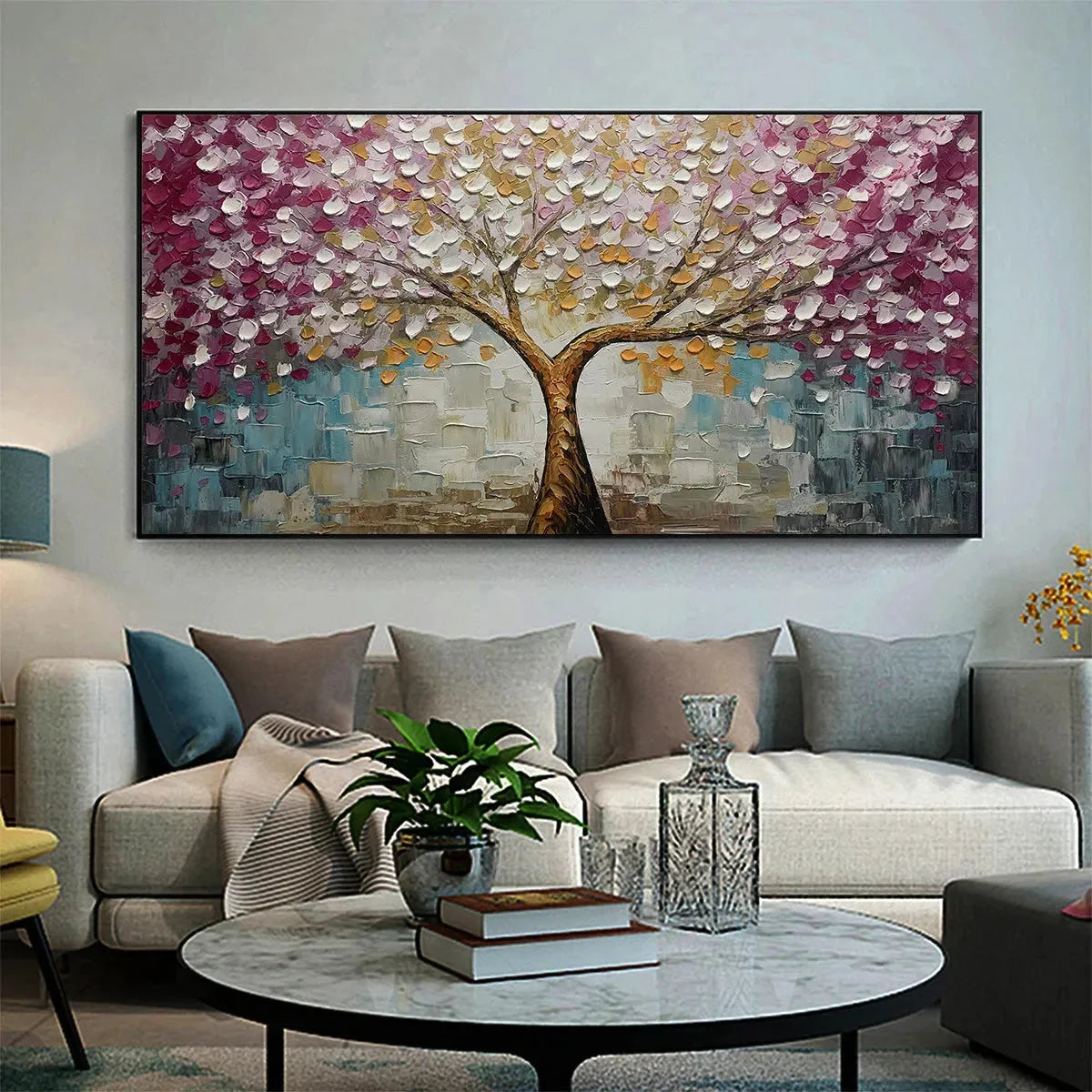 CHERRY BLOSSOM DREAM: Panoramic Textured Impasto Painting | textured impasto closeup, raised brushwork detail