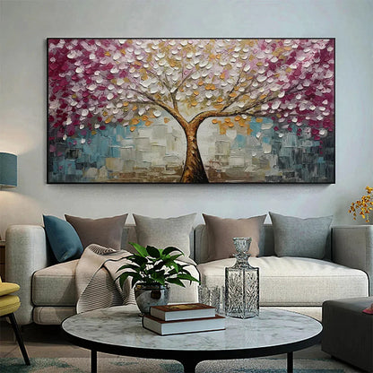 CHERRY BLOSSOM DREAM: Panoramic Textured Impasto Painting | textured impasto closeup, raised brushwork detail